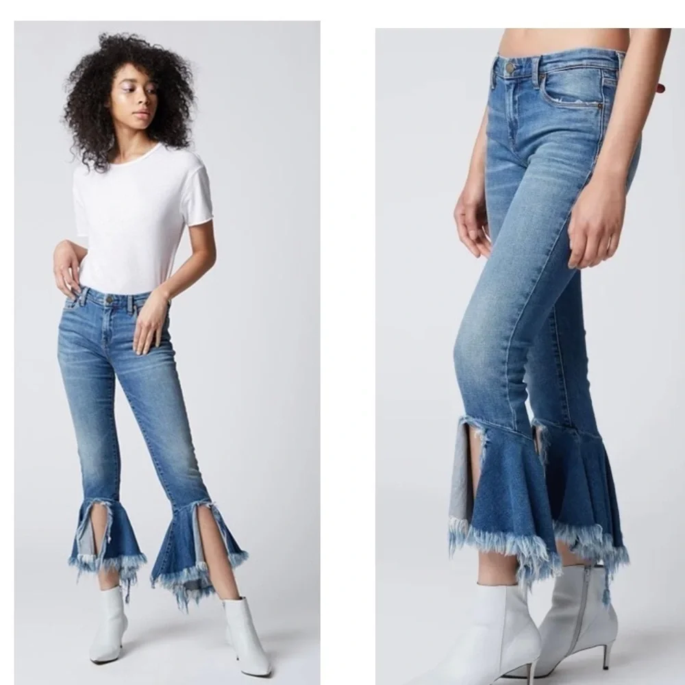 BLANKNYC X Factor Distressed Crop Flare Bell Bottom Blue Denim Jeans Size 25 NWT